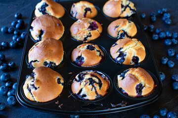 fresh baked blueberry muffins in a muffin baking pan
