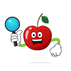 Cherry character smiles holding a magnifying glass with a white background - vector