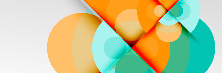 Bright color circles, abstract round shapes and triangles composition with shadow effects. Vector modern geometric design template