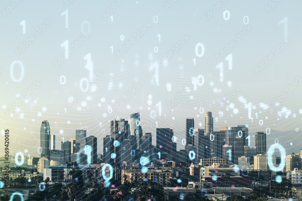 Poster abstract virtual binary code illustration on los angeles skyline background. big data and coding con