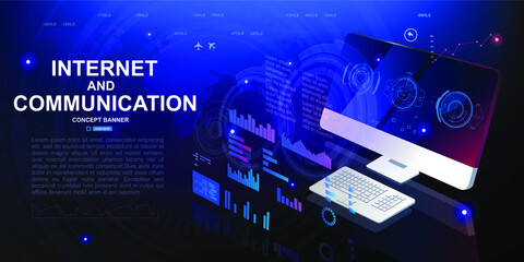 Internet and Communication Concept Banner. Web application software development. Advanced technologies of the future. Computer with holographic digital interfaces HUD, GUI, UI
