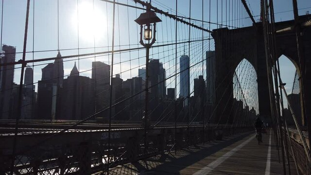 New York / USA - Aug 1, 2020: Brooklyn Bridge on a warm, bright sunny summer day. Filmed during Coronavirus Pandemic. 