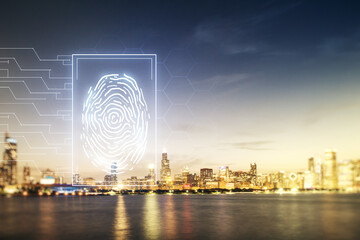 Multi exposure of virtual graphic fingerprint sketch on Chicago cityscape background fingerprint...