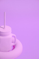 Minimal aesthetic still life monochrome design. Pastel purple trends. Smoothie mug. Raw vegan concept