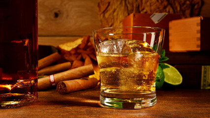 Whisky Cigar Panorama on wooden Background