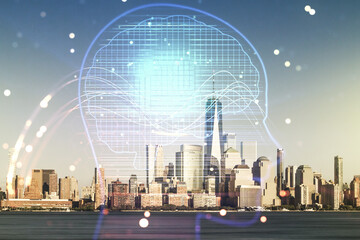 Fototapeta na wymiar Double exposure of creative human head microcircuit hologram on Manhattan office buildings background. Future technology and AI concept