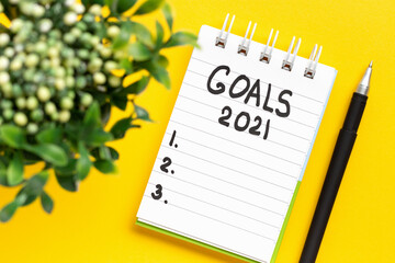 The inscription Goals 2021 on a white notepad and green plant on yellow background.