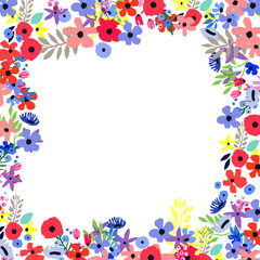 Floral frame made of flowers. Wildflowers leaves and branches. Vector illustration.