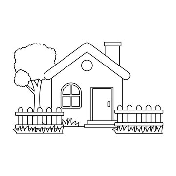 House sketch vector illustration with tree and fence suitable for coloring page 