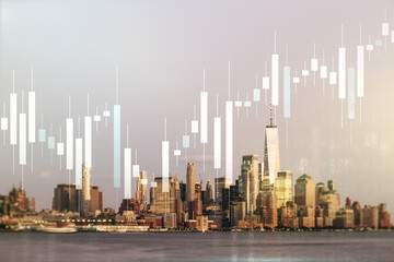 Multi exposure of virtual creative financial chart hologram on New York skyscrapers background, research and analytics concept