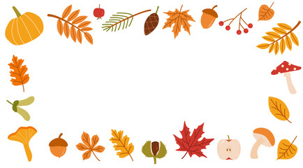 Autumn forest flora flat vector illustration. Decorative fall themed background botanical concept. Seasonal nature banner design. Various colorful tree leaves, branches, wild mushrooms and fruits. 