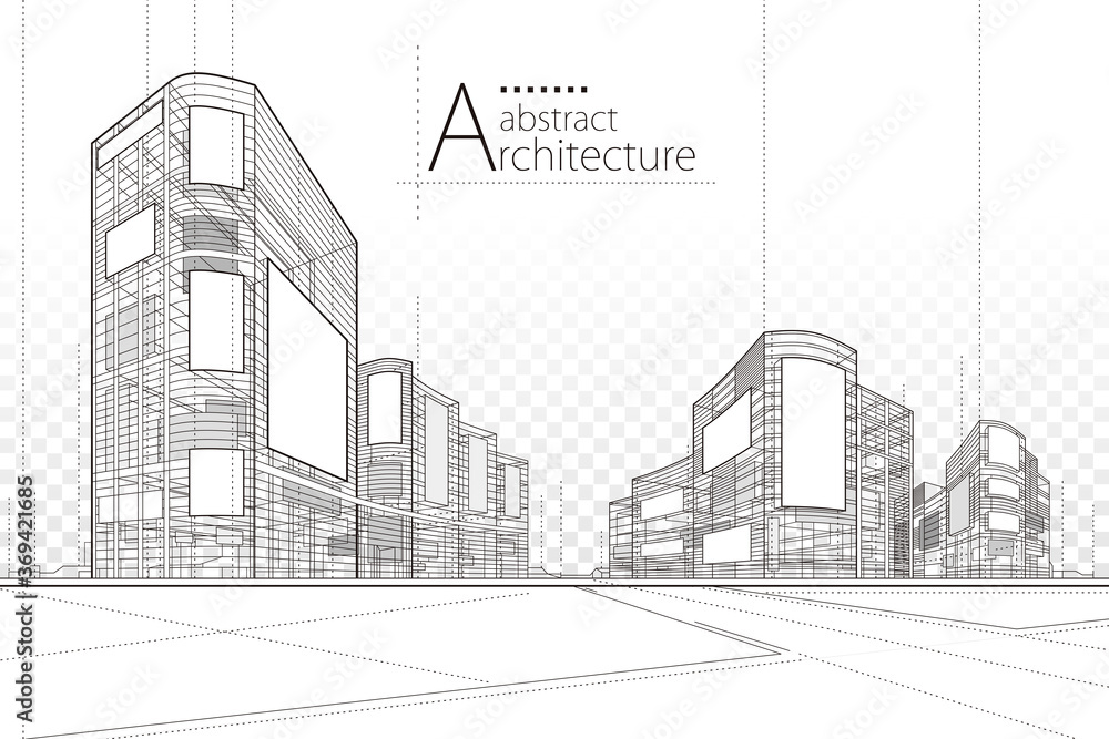 Poster architecture building construction perspective design, abstract modern urban building line drawing.
