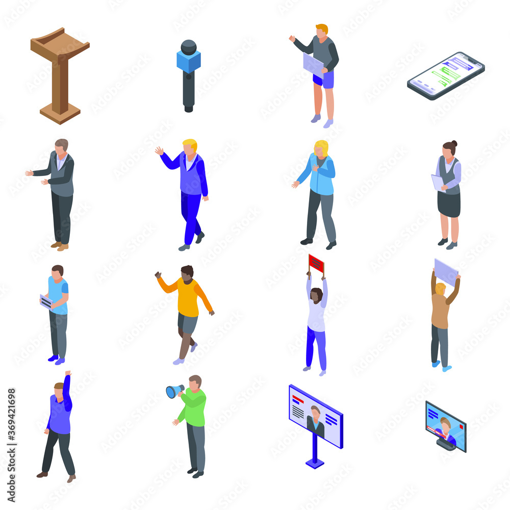 Poster agitation icons set. isometric set of agitation vector icons for web design isolated on white backgr