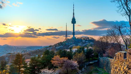 Tuinposter View of sunset in seoul city with seoul tower at namsan public park © Khomsan