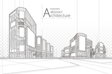 Architecture building construction perspective design, abstract modern urban building line drawing.