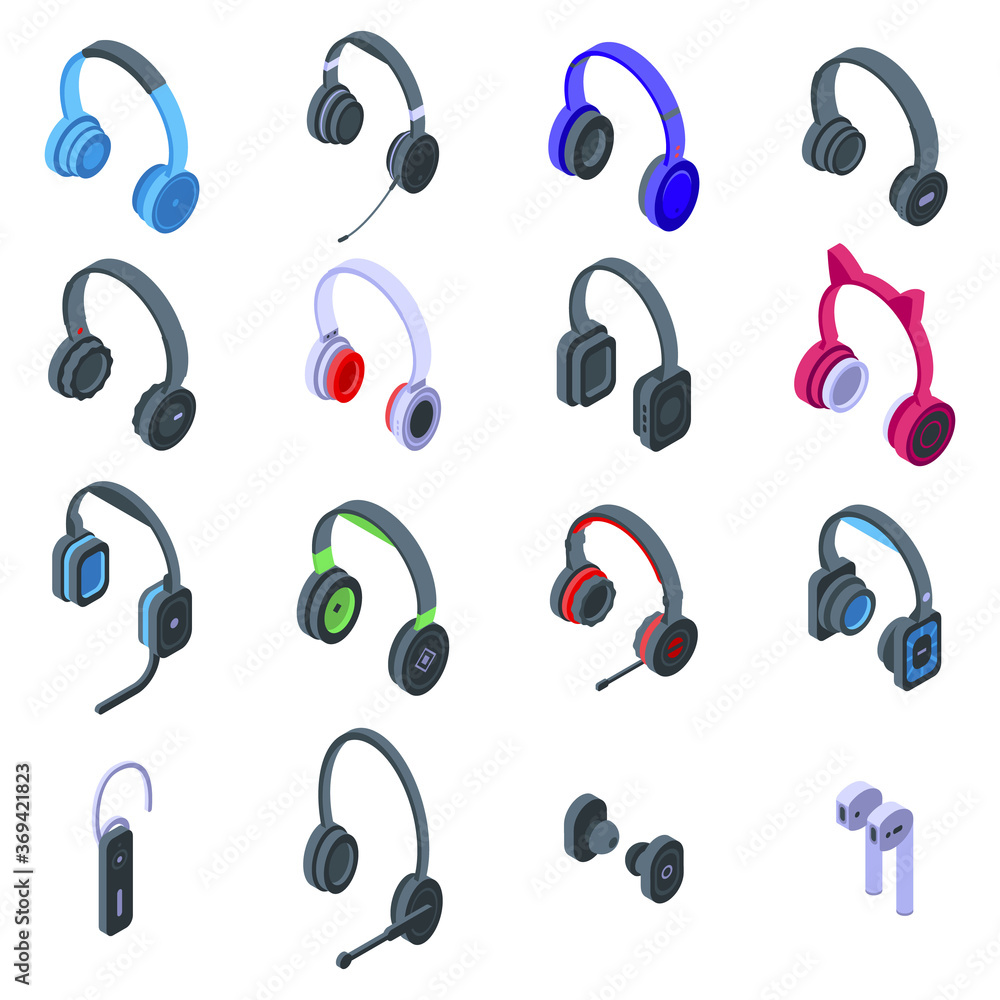 Poster headset icons set. isometric set of headset vector icons for web design isolated on white background