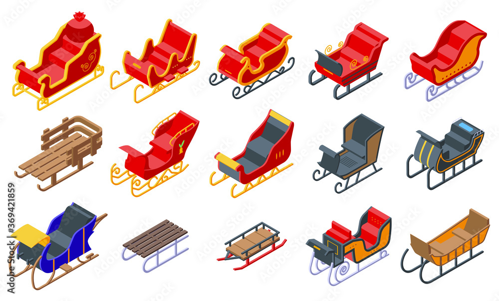 Poster sleigh icons set. isometric set of sleigh vector icons for web design isolated on white background