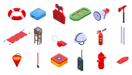Rescuer icons set. Isometric set of rescuer vector icons for web design isolated on white background