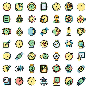 Watch repair icons set. Outline set of watch repair vector icons thin line color flat on white