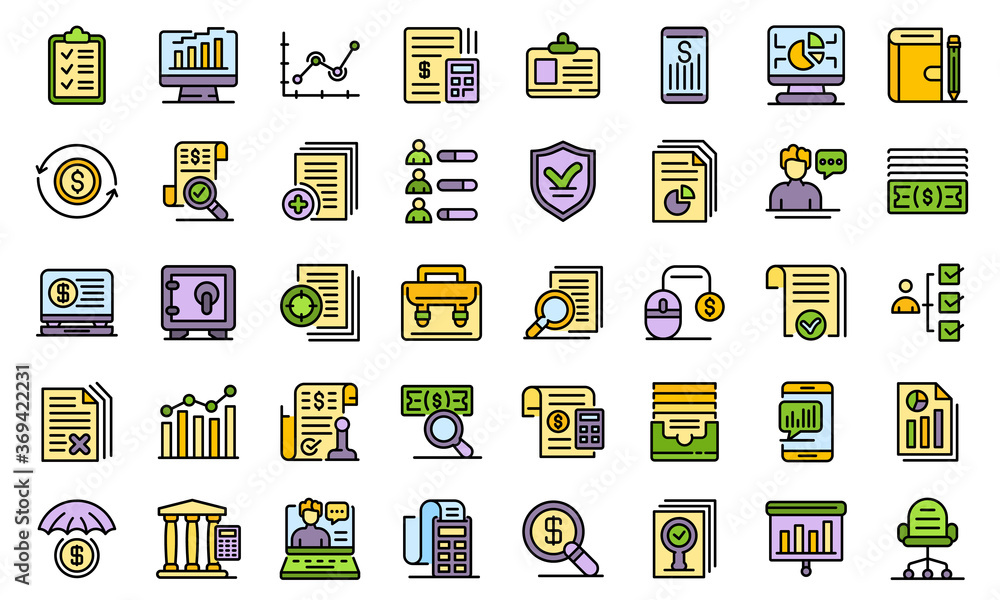 Poster audit icons set. outline set of audit vector icons thin line color flat on white
