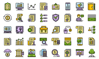 Audit icons set. Outline set of audit vector icons thin line color flat on white