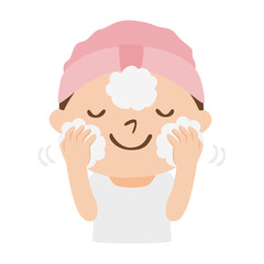泡もこもこにして洗顔してる女性のイラスト。