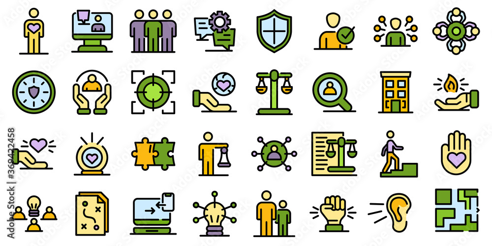 Aufkleber responsibility icons set. outline set of responsibility vector icons thin line color flat on white