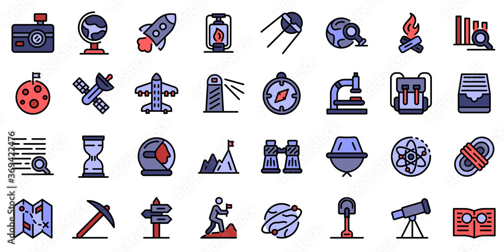 Aufkleber exploration icons set. outline set of exploration vector icons thin line color flat on white