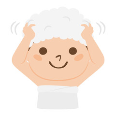 お風呂で、シャンプーして頭を洗ってる女性のイラスト。