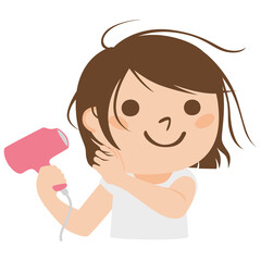 お風呂後にドライヤーで髪を乾かしている女性のイラスト。