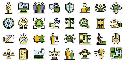 Responsibility icons set. Outline set of responsibility vector icons thin line color flat on white
