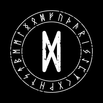 BLACK SQUARE BACKGROUND WITH DAGAZ RUNE IN A MAGIC CIRCLE
