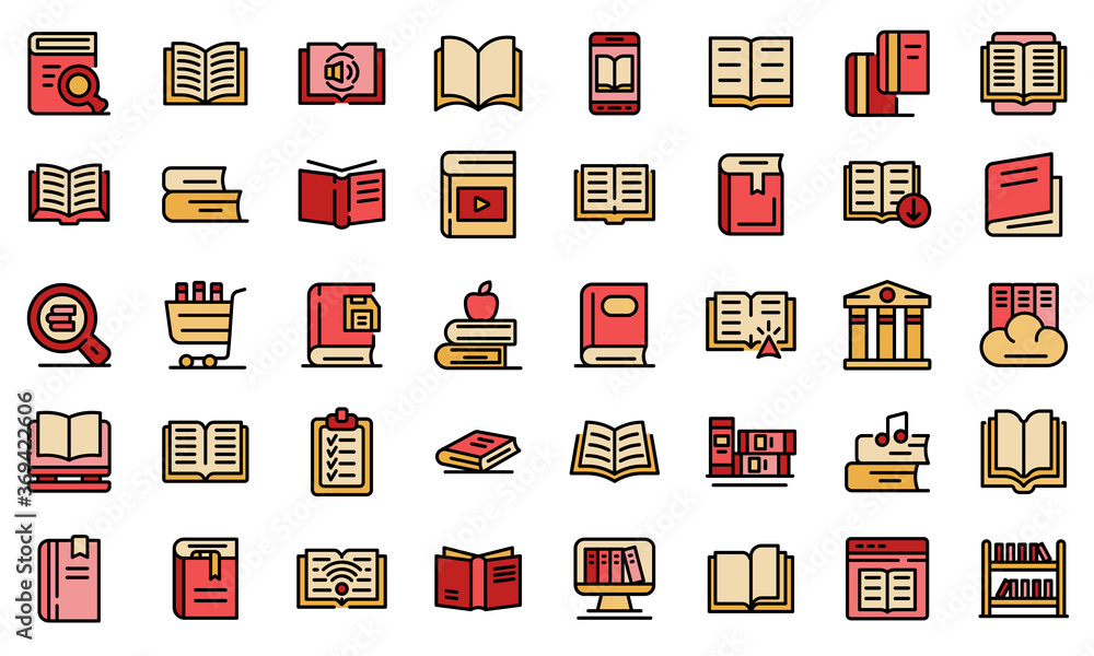 Poster library icons set. outline set of library vector icons thin line color flat on white