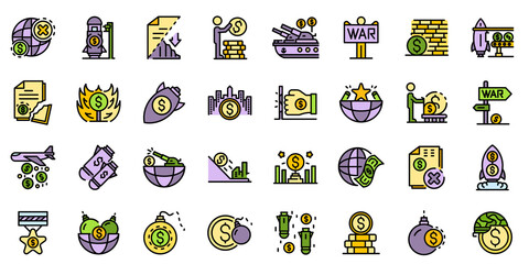Trade war icons set. Outline set of trade war vector icons thin line color flat on white