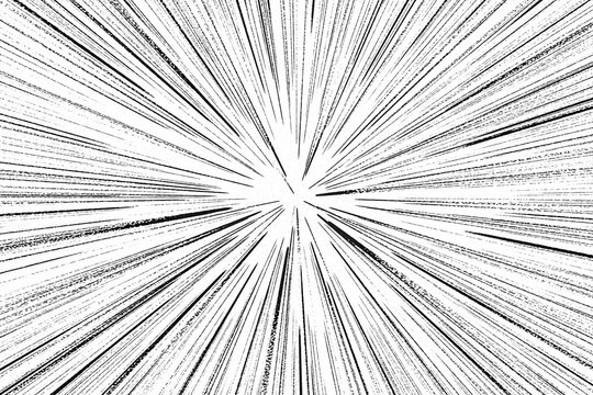 Black and white radial lines spped light or light rays comic book style background.  Manga or anime speed drawing graphic black radial zoom line on white. 3D render illustration.