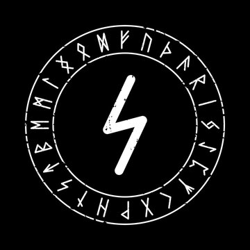 BLACK SQUARE BACKGROUND WITH SOWILO RUNE IN MAGIC CIRCLE