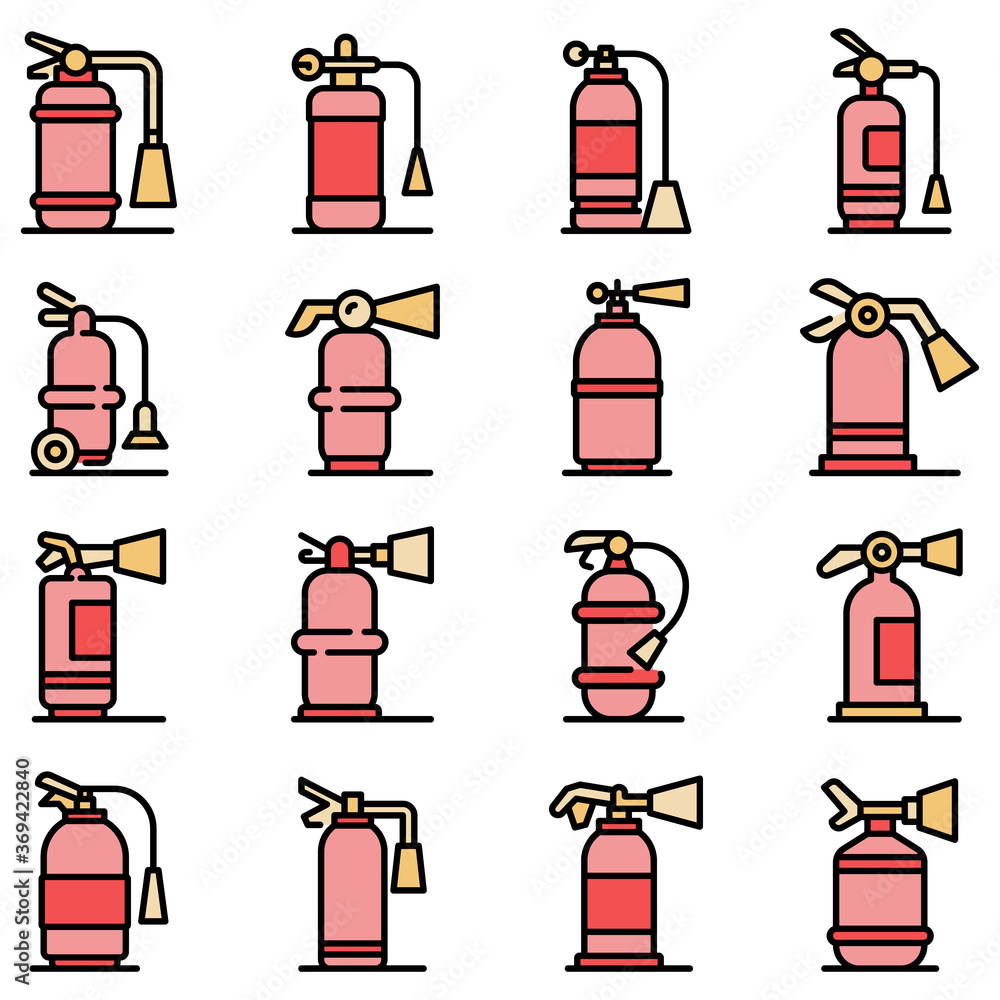 Poster fire extinguisher icons set. outline set of fire extinguisher vector icons thin line color flat on w