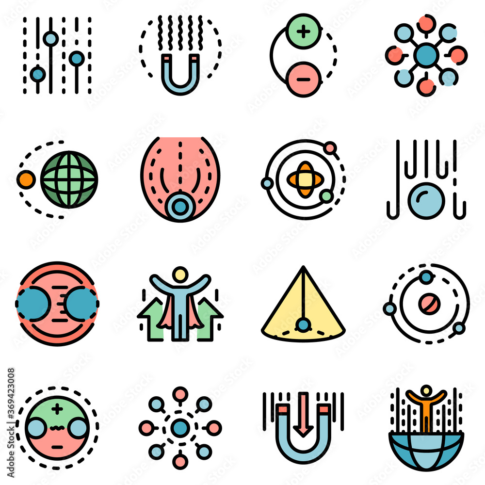 Aufkleber gravity icons set. outline set of gravity vector icons thin line color flat on white