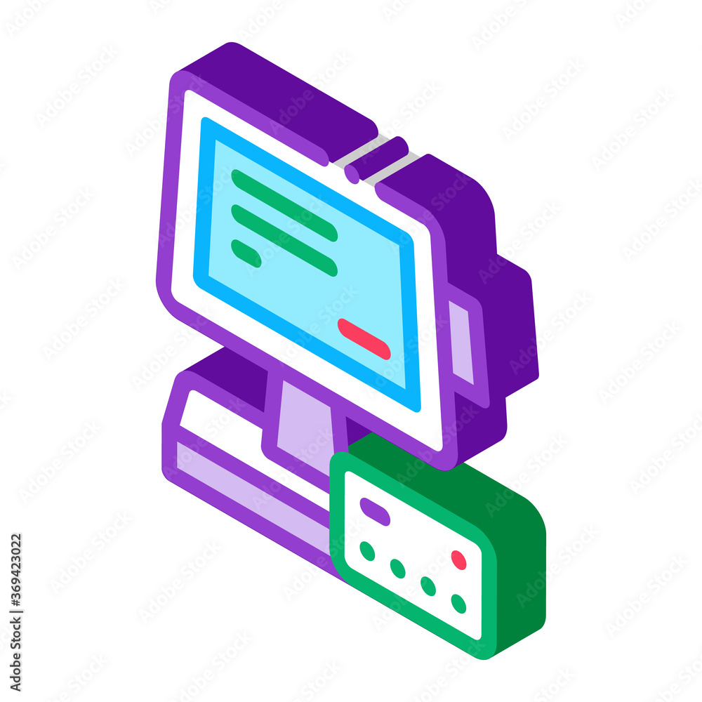 Poster pos terminal display and card icon vector. isometric pos terminal display and card sign. color isola
