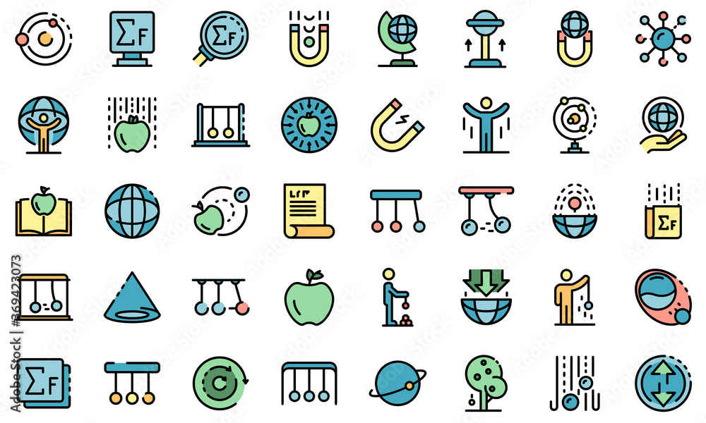 Poster newtons day icons set. outline set of newtons day vector icons thin line color flat on white