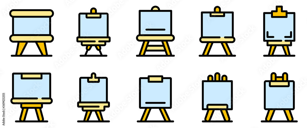 Poster easel icons set. outline set of easel vector icons thin line color flat on white