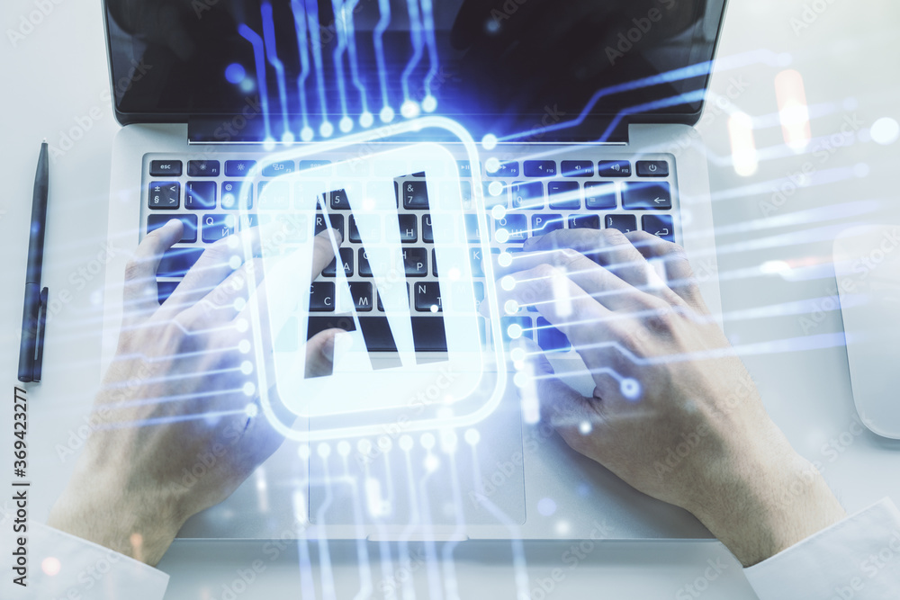 Poster double exposure of creative artificial intelligence icon with hands typing on laptop on background. 