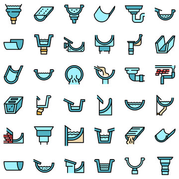 Gutter icons set. Outline set of gutter vector icons thin line color flat on white
