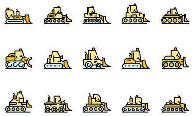 Bulldozer icons set. Outline set of bulldozer vector icons thin line color flat on white