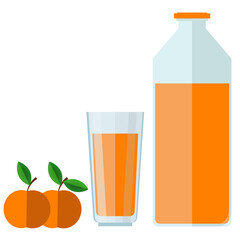 Peach juice in a bottle and glass. Set vector collection of apricot peach juice.