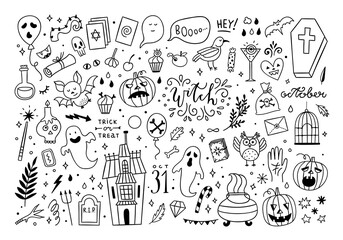 Halloween vector doodle set. Hand drawn Halloween symbols and objects big vector collection: ghost, house, pumpkin, spooky objects
