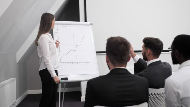 A smart woman makes a report in a conference room and analyzes the company's profits. The concept of teamwork.