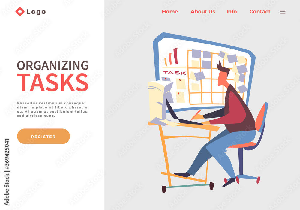 Poster website concept. man sitting at table, using laptop, making paper work near board with work tasks, s
