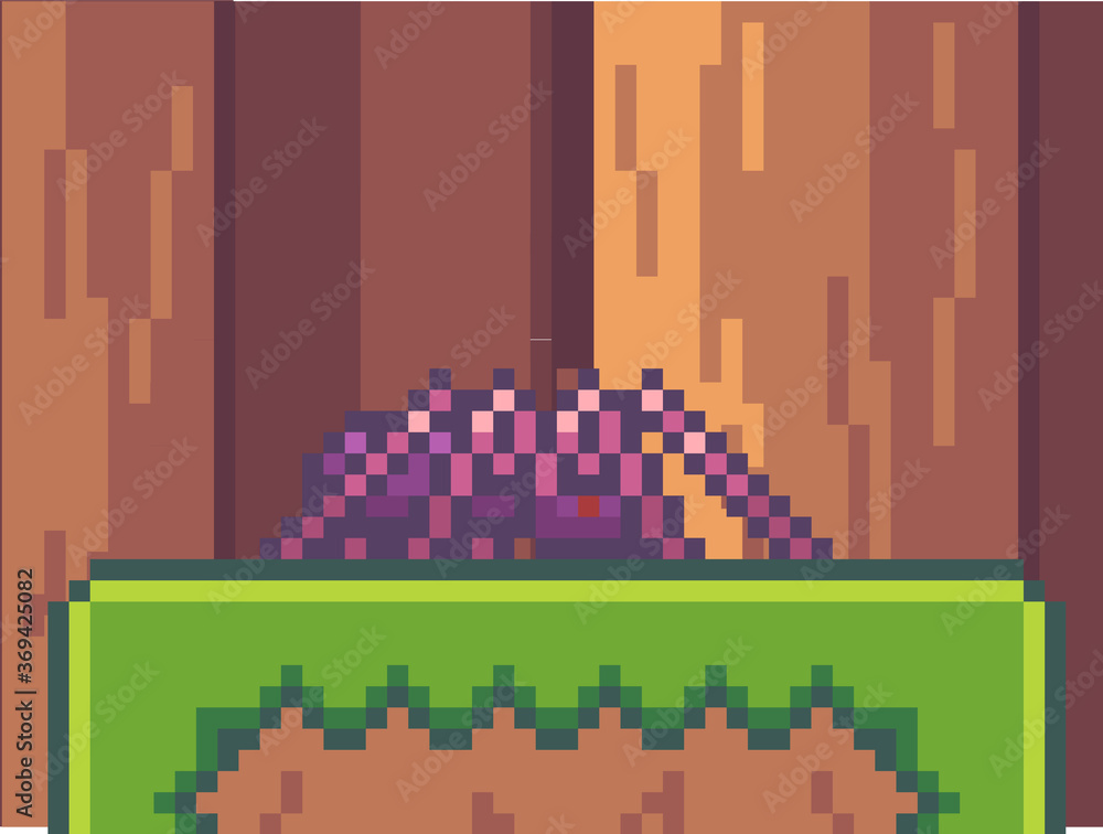 Poster pixel game interface. spider at green grass on the ground in forest or wood. pixelated monster npc i