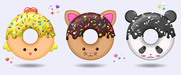 Glazed cute doughnut animals set. Isolated donuts with glaze and bite, eaten chocolate icing fritters or caramel circle doughnuts © Shoda